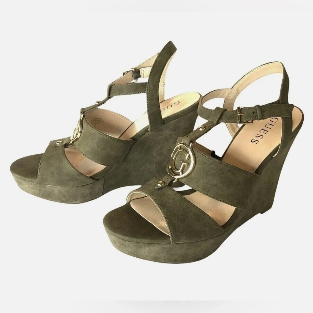 GUESS Womens Olive Green Tall Wedge Suede Espadrilles - Size 61/2 like new